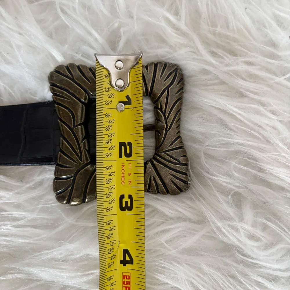 Adrienne Landau Studio Black Croc‎ Embossed Leather Belt Bronze Buckle Size L